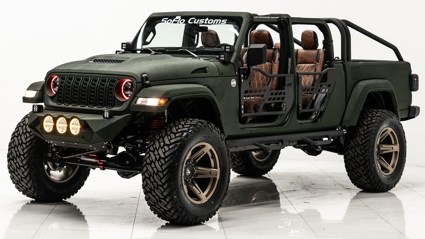 In Stock Alert 🚨 $71,000 - Armor coated army green Jeep Gladiator 4x4 with the SoFlo upgrade including our all new Gobi front bumper with LED spots